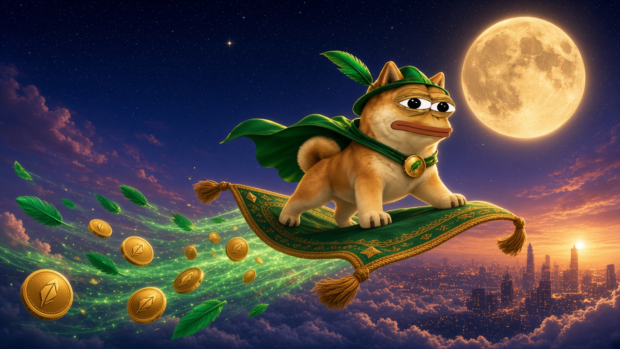 Doge Pepe rides a magic carpet through Robinhood feathers toward the moon.