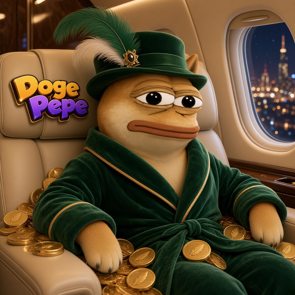 Doge Pepe arranges Robinhood feathers and coins