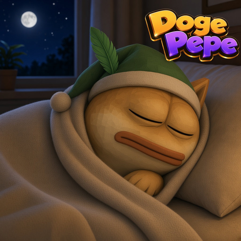 Doge Pepe asleep under a blanket
